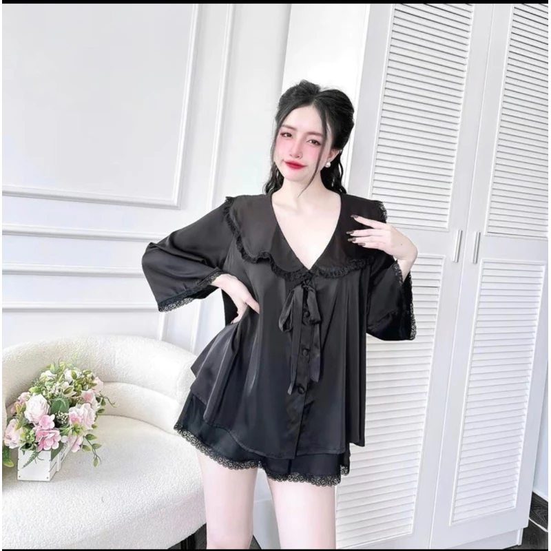 Bộ ngủ lụa mặc nhà đùi cổ tim chất lụa cao cấp sz từ 45-80kg