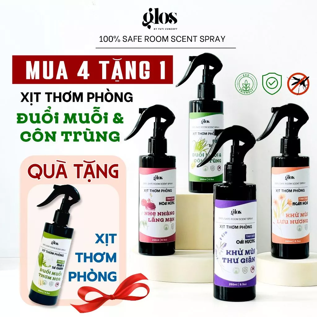 Combo 4 Chai Xịt Thơm Phòng 250ml Hương Sả Chanh, Bạc Hà, Giúp Đuổi Muỗi, Thư Giãn Cho Căn Phòng
