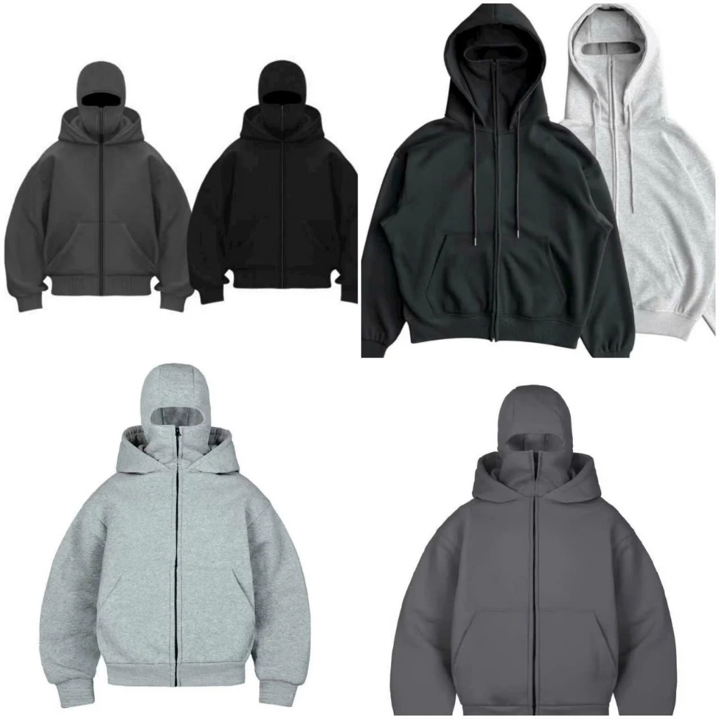Áo Khoác nỉ bông NINJA có túi trong Trơn Chống Nắng 2 Nón cổ cao tay dài xỏ ngón Áo Hoodie Zip Unisex rộng jacket nam nữ