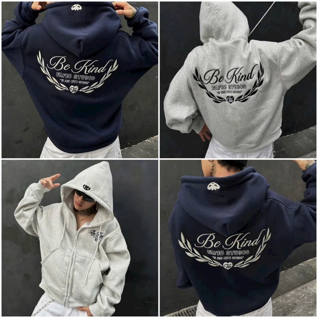 Áo Khoác Unisex Boxy Logo thêu Be Kind Nón mũ to 2 Lớp Áo Hoodie Zip Nỉ Bông Thun Tay Dài Top Jacket cho Nam Nữ