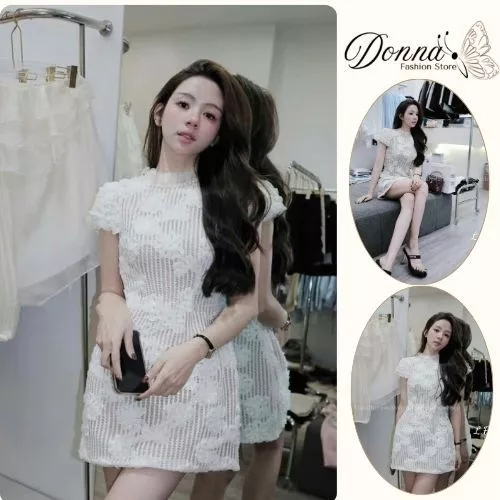 váy nữ body, đầm nữ phối ren trắng 2 lớp in hình hoa tay bồng cổ tròn Donna hcom25750