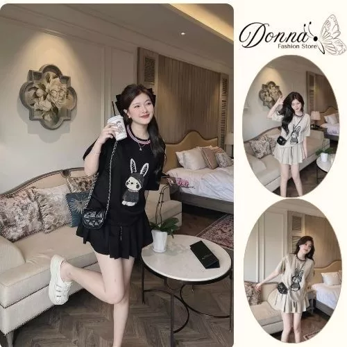 set đồ nữ , áo thun phối chân váy xếp ly ngắn xòe thêu hình gấu năng động