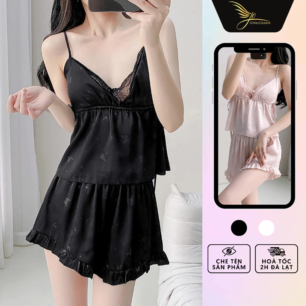 Bộ Ngủ 2 Dây, Đồ Mặc Nhà Quần Đùi JUNA Size M, L Thời Trang Đồ Ngủ Dành Cho Nữ, Chất Lụa Gấm , Màu Đen/Trắng/Hồng/SP1878