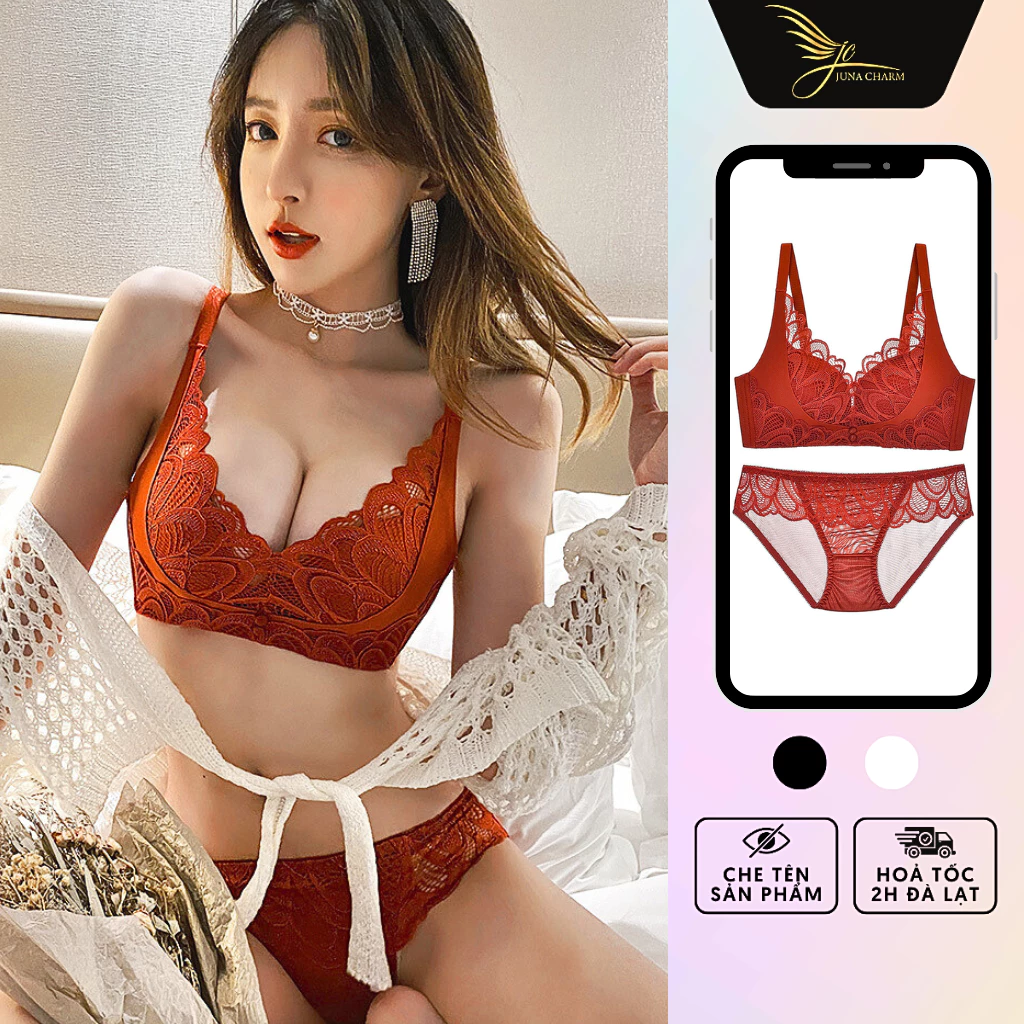 Bộ Đồ Lót Ren Nâng Ngực, Đệm Dày 1,5cm Không Gọng Sexy JUNA Size 34/75 Thời Trang Đồ Lót Dành Cho Nữ, Màu Cam Đất/SP9209