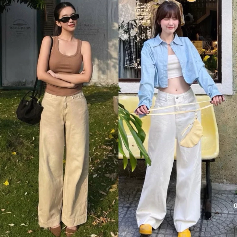 Quần jeans suông gấu to 5 phân dáng dài lưng cao chất bò loại 1 dày mịn đủ 2 màu