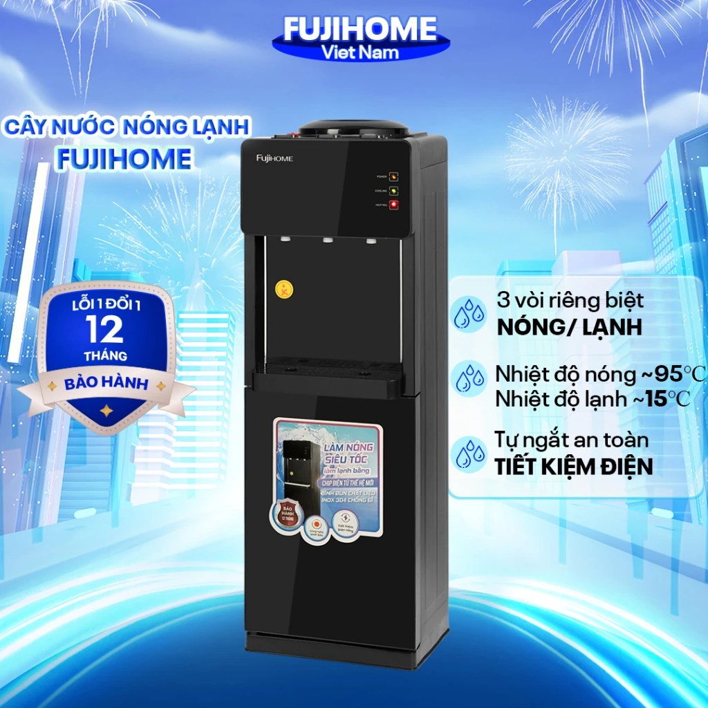 Cây nước nóng lạnh 3 vòi Fujihome Nhập Khẩu, máy nước uống nóng lạnh bình lọc úp, tự ngắt tiết kiệm điện