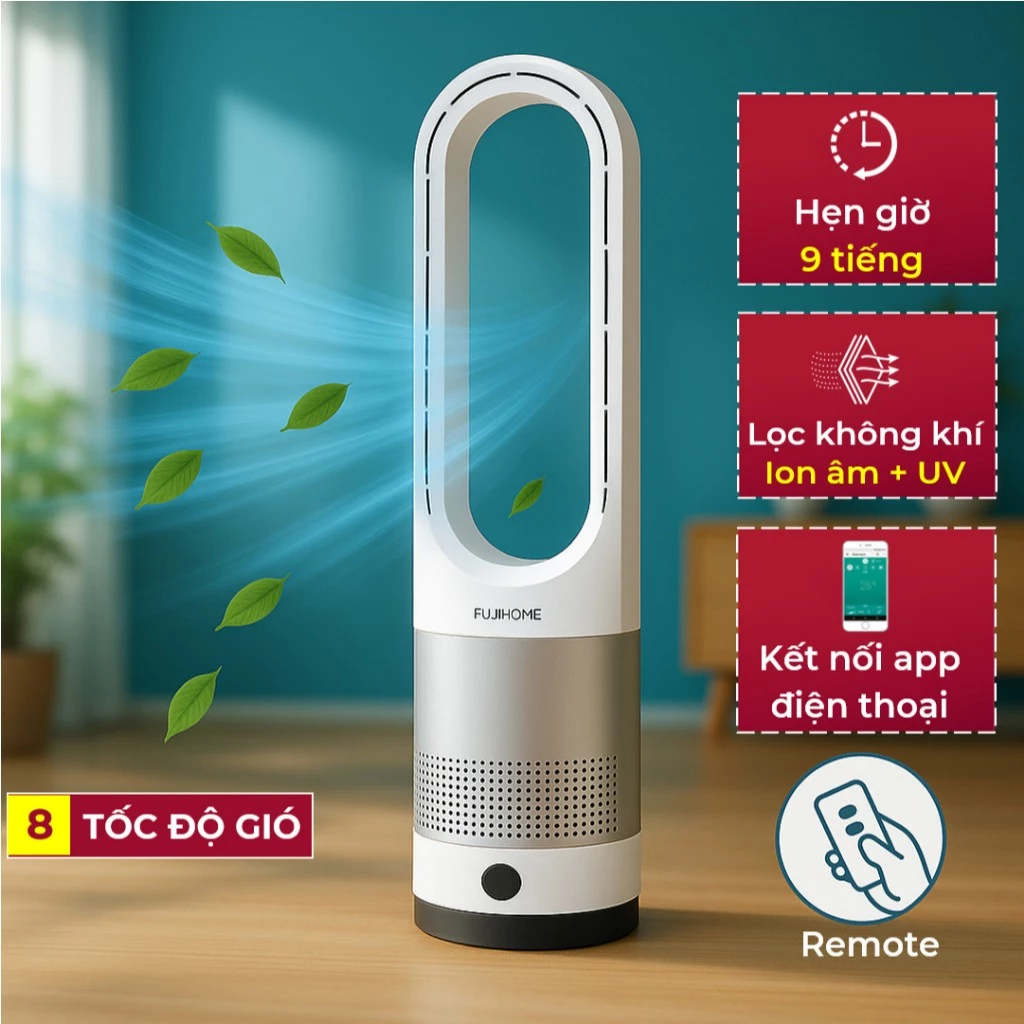 Quạt không cánh FUJIHOME BF18 mini lọc không khí khử khuẩn có chế độ hẹn giờ