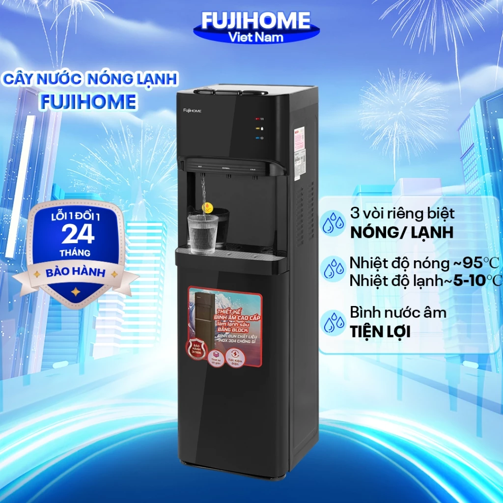 Cây nước nóng lạnh bình âm Fujihome nhập khẩu, máy nước uống nóng lạnh sâu bình hút 3 vòi tự ngắt an toàn tiết kiệm điện