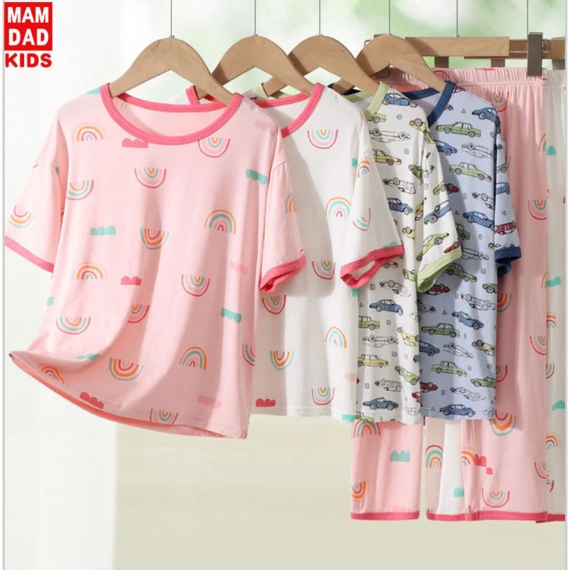 (15-55 kg) Bộ Đồ Ngủ Mamdadkids Áo Cộc Tay Quần Dài Vải Thun Lạnh Mỏng Mềm Nhẹ Nhanh Khô cho Bé Gái và Bé Trai