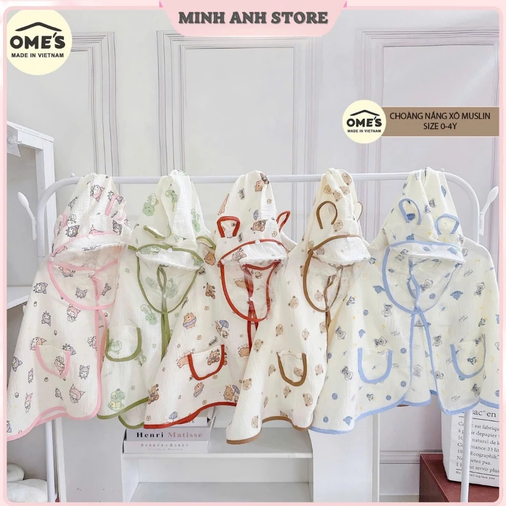 Áo choàng cho bé chất Xô Muslin Kèm kính chống nắng  Ome's Họa tiết xinh size 0-4 tuổi