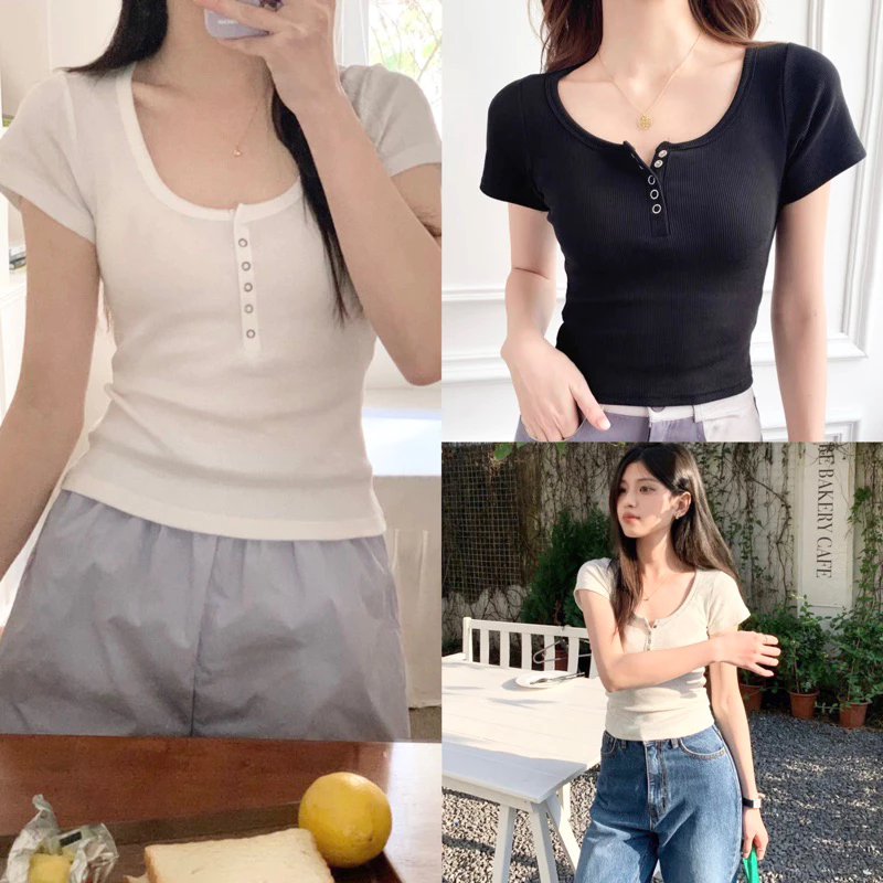Áo Thun Cộc Tay 5 Cúc Ngực Bấm Nữ CAROLL, Áo Chất Thun tăm Gân Co Giãn Kiểu Dáng Basic