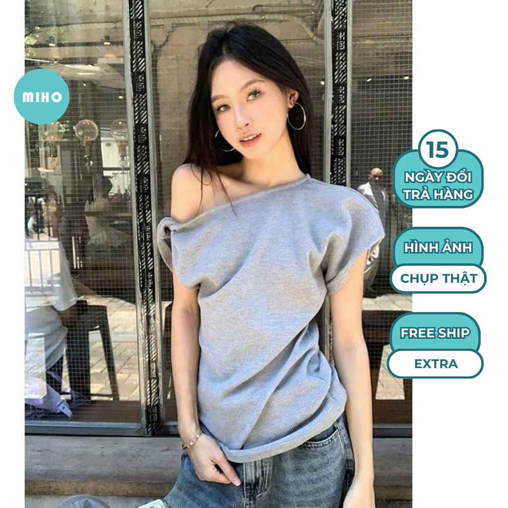 XẢ HÀNG GIÁ GỐC  Áo Thun Tổ Ong Kiểu Lệch Vai, Áo Phông Ngắn Tay Basic Trơn Form Vừa, Áo Kiểu Hở Vai Nhún Eo Miho House