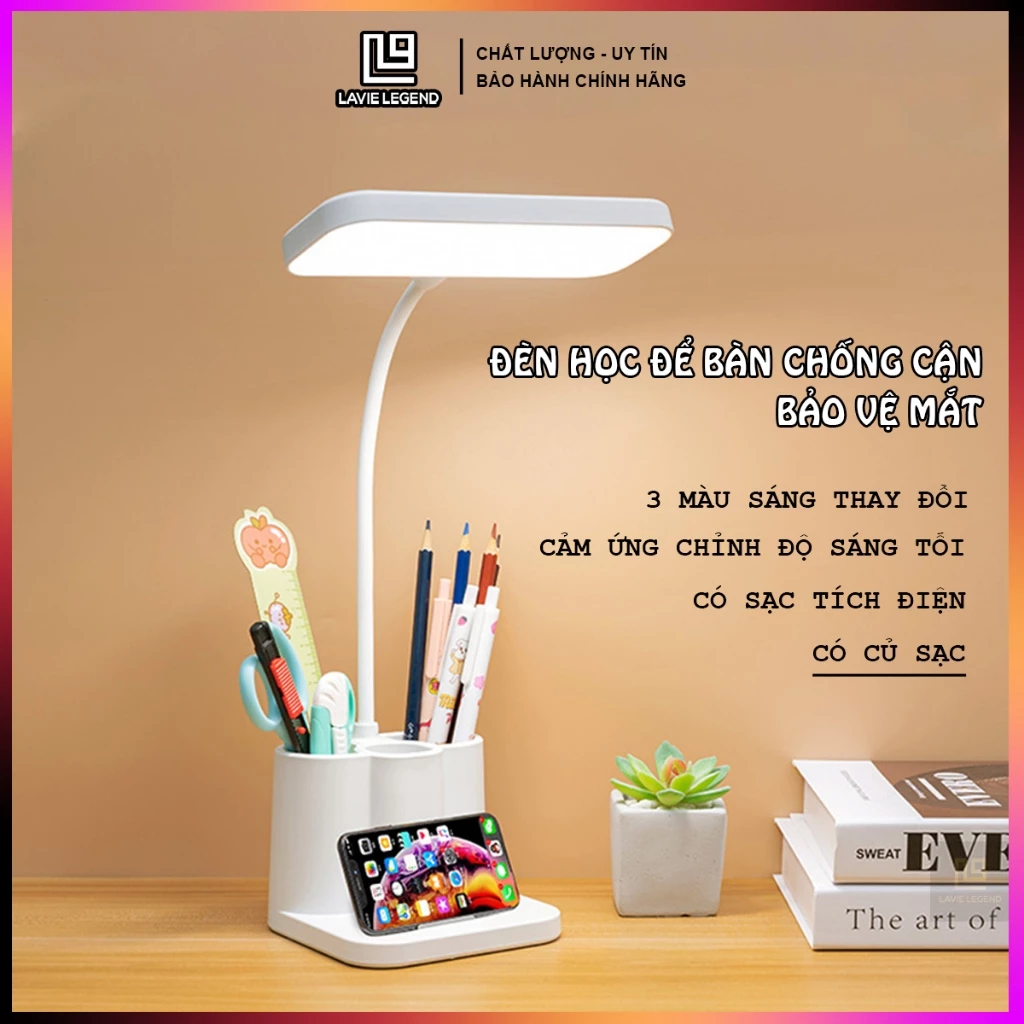 Đèn học để bàn chống cận có sạc tích điện Đèn led đọc sách Làm việc bảo vệ mắt cảm ứng 3 chế độ ánh sáng có củ sạc