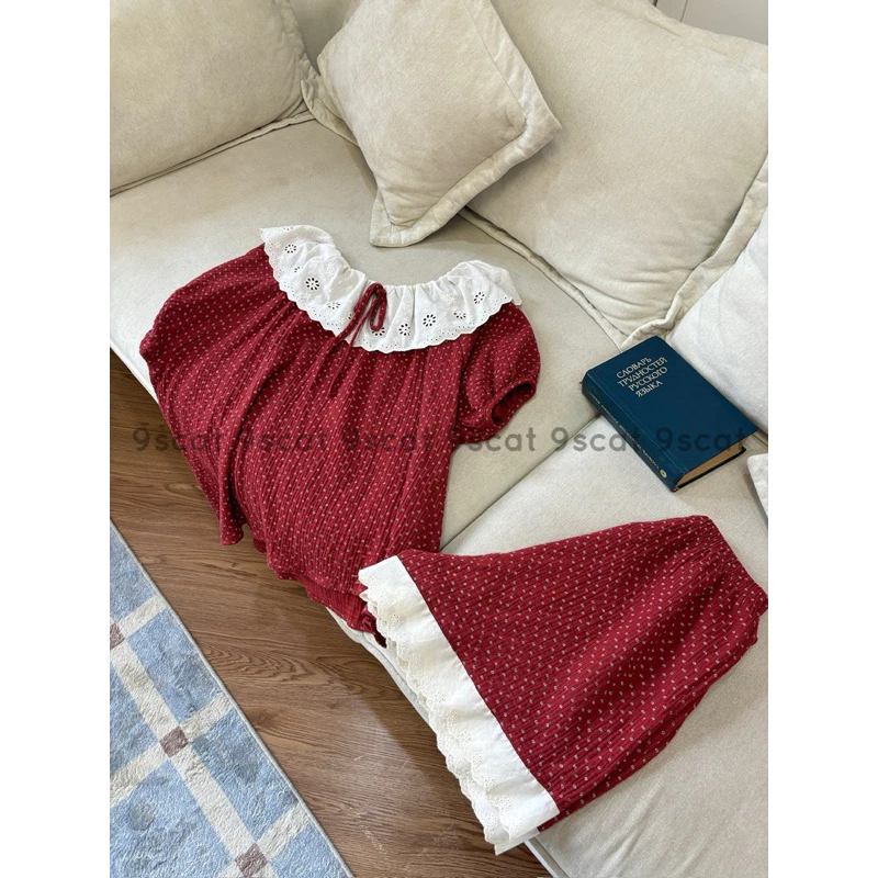 [SẴN] 596_Bộ ngủ nữ, pijama dài tay chất muslin dáng babydoll chấm bi đỏ cổ ren bèo | Hàng Quảng Châu | 9scat