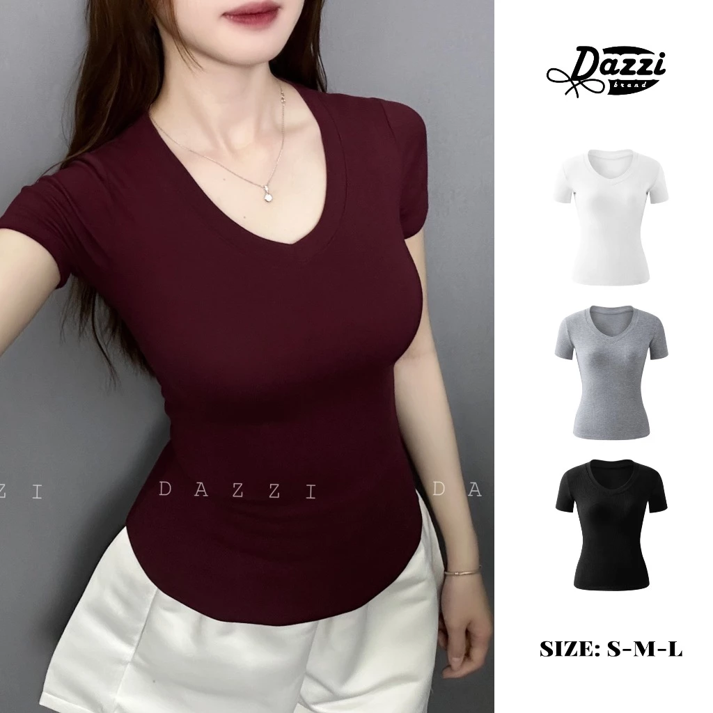 Áo thun nữ cổ tim có viền chất cotton ôm dáng DAZZI A029