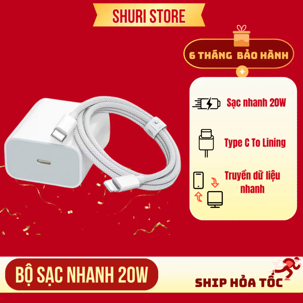 Bộ Sạc Nhanh 20W Dây Cáp Bọc Dù Cho Điện Thoại Từ 8 Đến 16