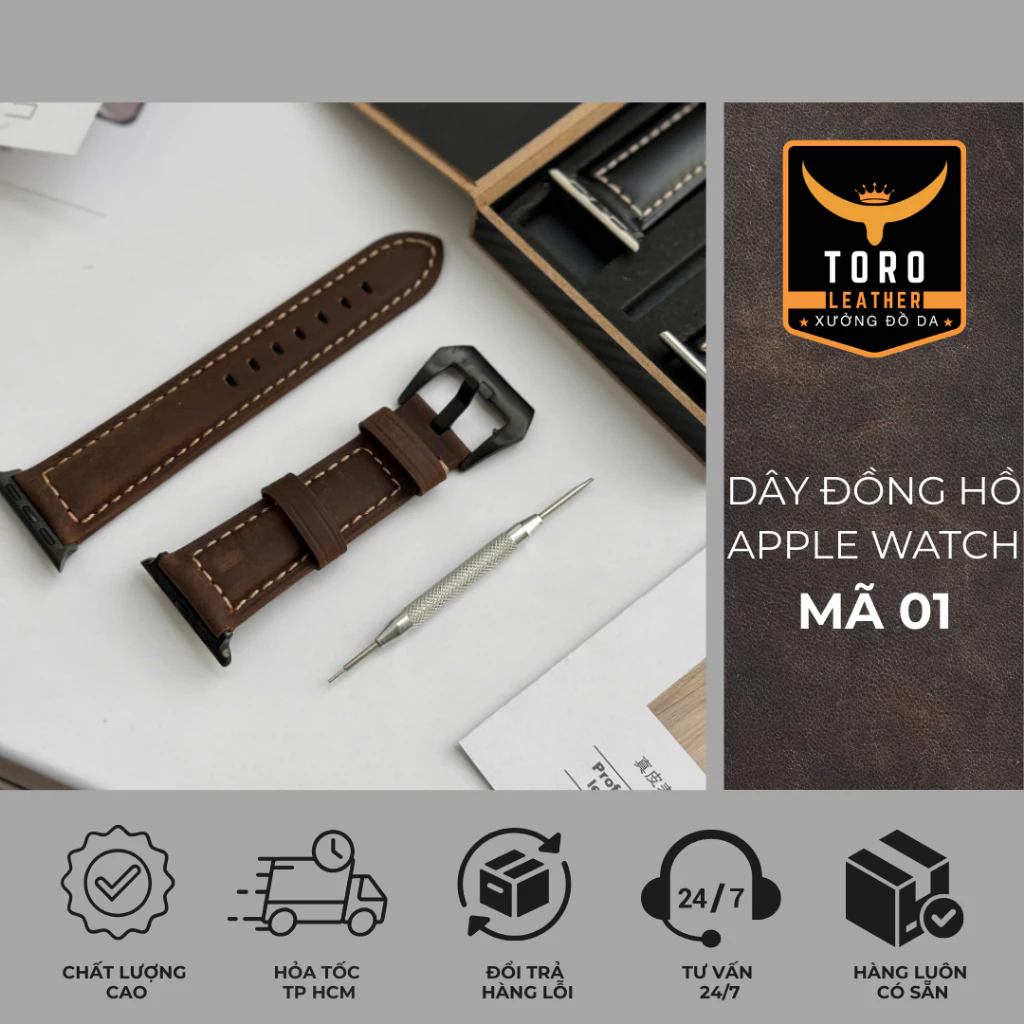 Dây da cao cấp dùng cho đồng hồ  Apple Watch khóa thường chất liệu da bò thật 100%