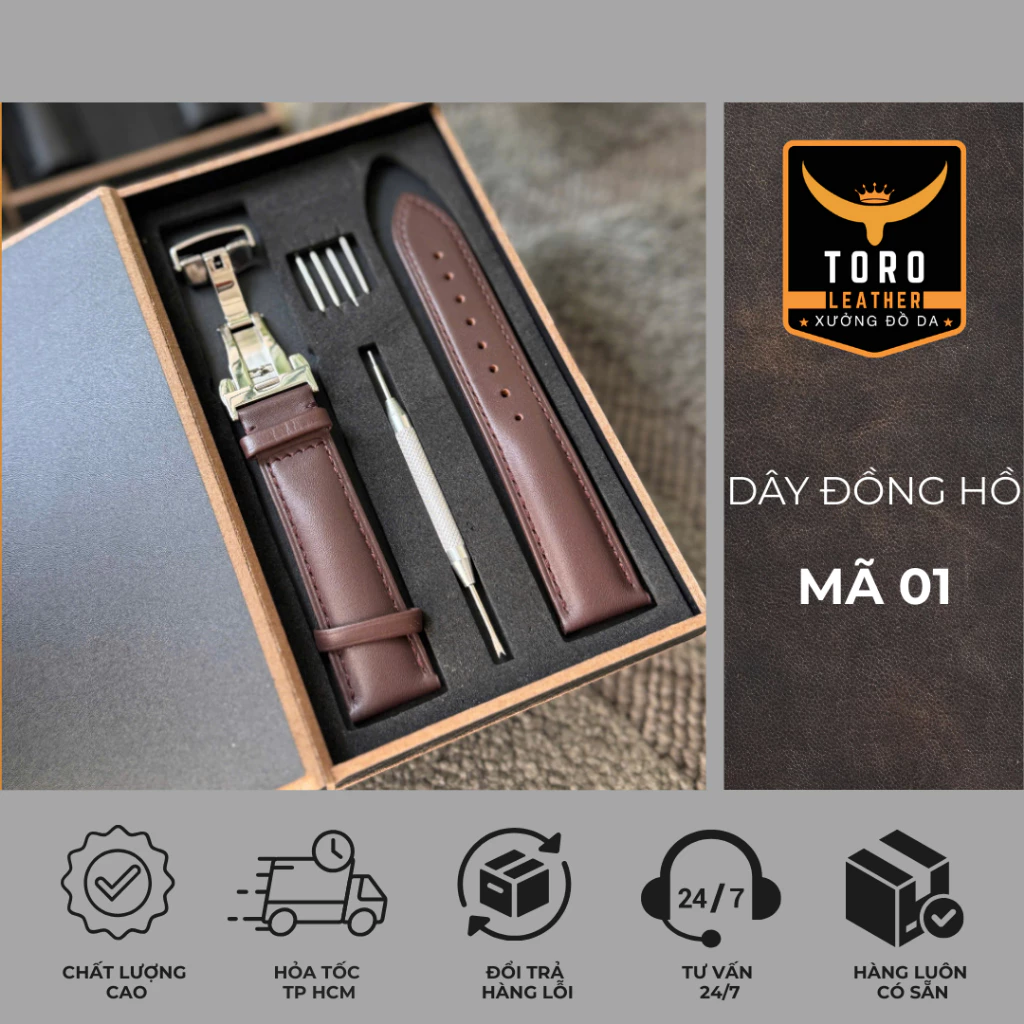 Dây đồng hồ cao cấp 20mm khóa bướ.m chất liệu da bò thật 100%-Full phụ kiện thay dây mã DDH01