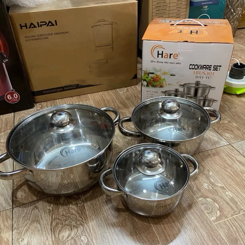 Bộ Nồi inox Hare HR-S301 (16-20-24cm) Thiết Kế Trang nhã-Sang Trọng