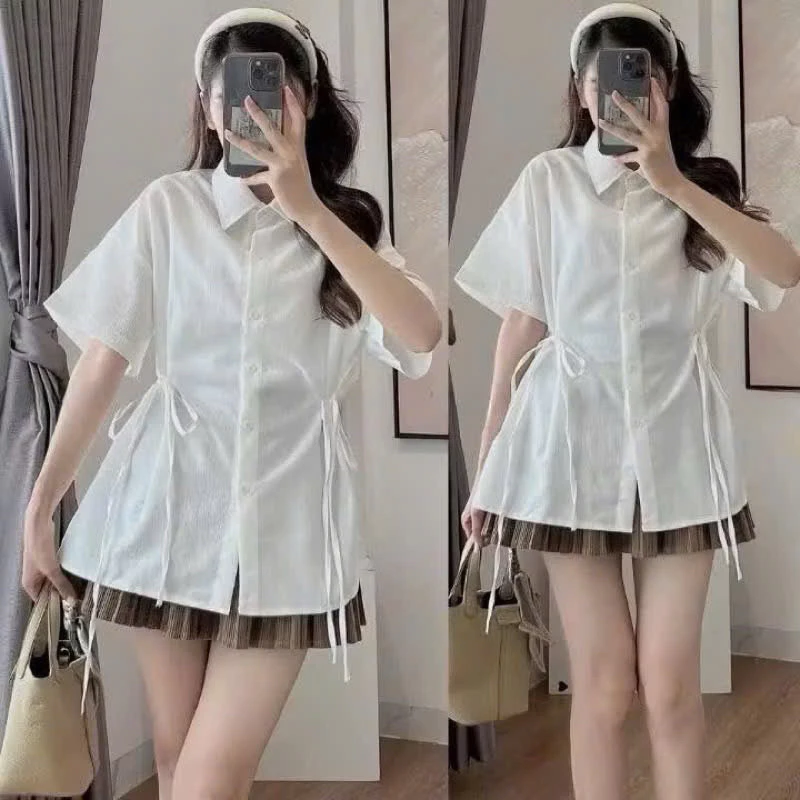 Áo sơ mi đũi chiết eo nơ kiểu tiểu thư công sở xinh xắn cho Nữ - 2 màu xanh trắng