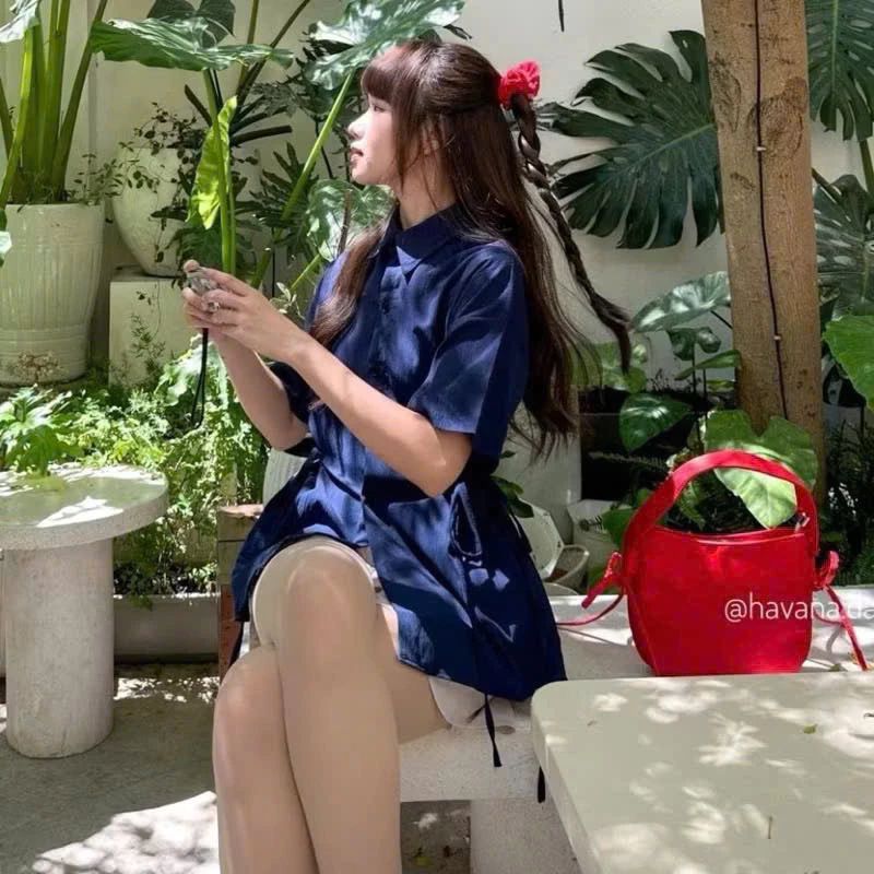Áo sơ mi công sở chất đũi xốp chít eo xinh xắn 2 màu