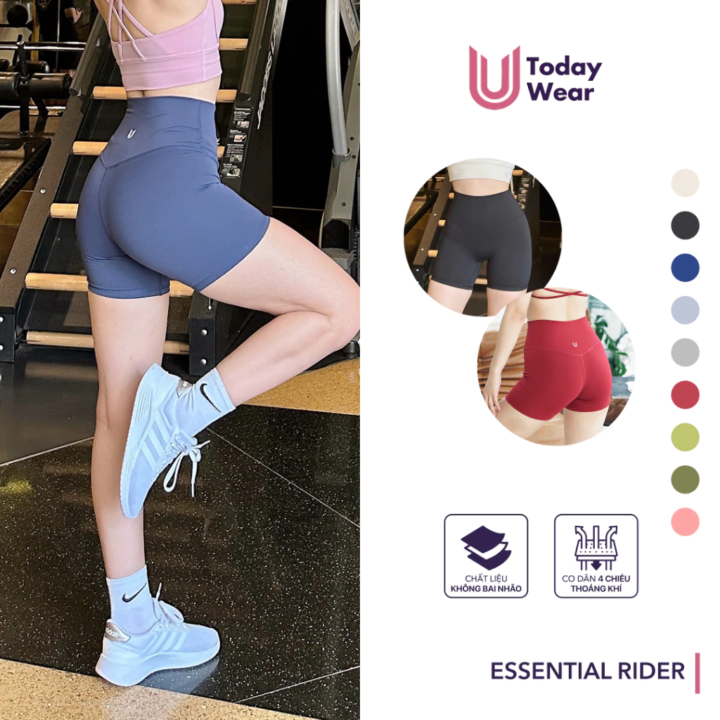 Quần tập gym yoga lửng dáng biker ngắn thể thao Essential Rider lưng cao nâng vòng 3 Today U Wear