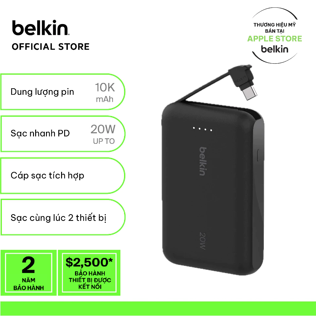 Pin sạc dự phòng Belkin Boost Charge 10.000 mAh, hỗ trợ sạc nhanh 20W PD tích hợp cáp USB-C