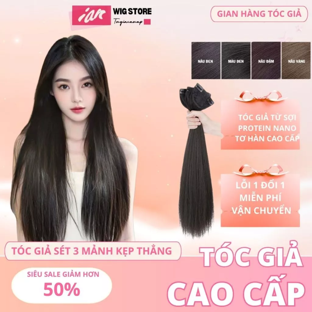 Tóc giả kẹp phím thẳng,kẹp phồng chân tóc,sét 3 dải kẹp 45CM