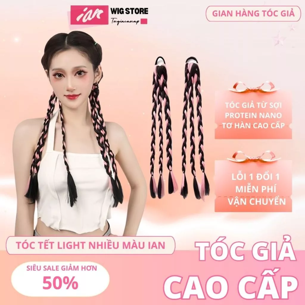 Giá 2 bên, Tóc Giả Thắt Bím Dây Buộc Tóc Tết Cá Tính kèm Light