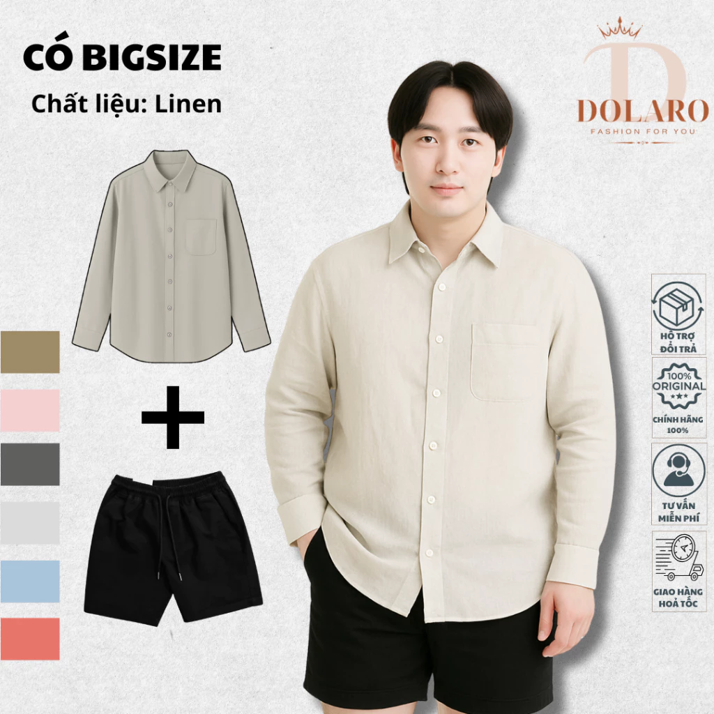 Combo Áo Sơ Mi Nam BigSize Dài Tay DOLARO Chất Linen Cao Cấp Kèm Quần Đùi Kaki Đen, Phong Cách Hàn Quốc Thoải mái