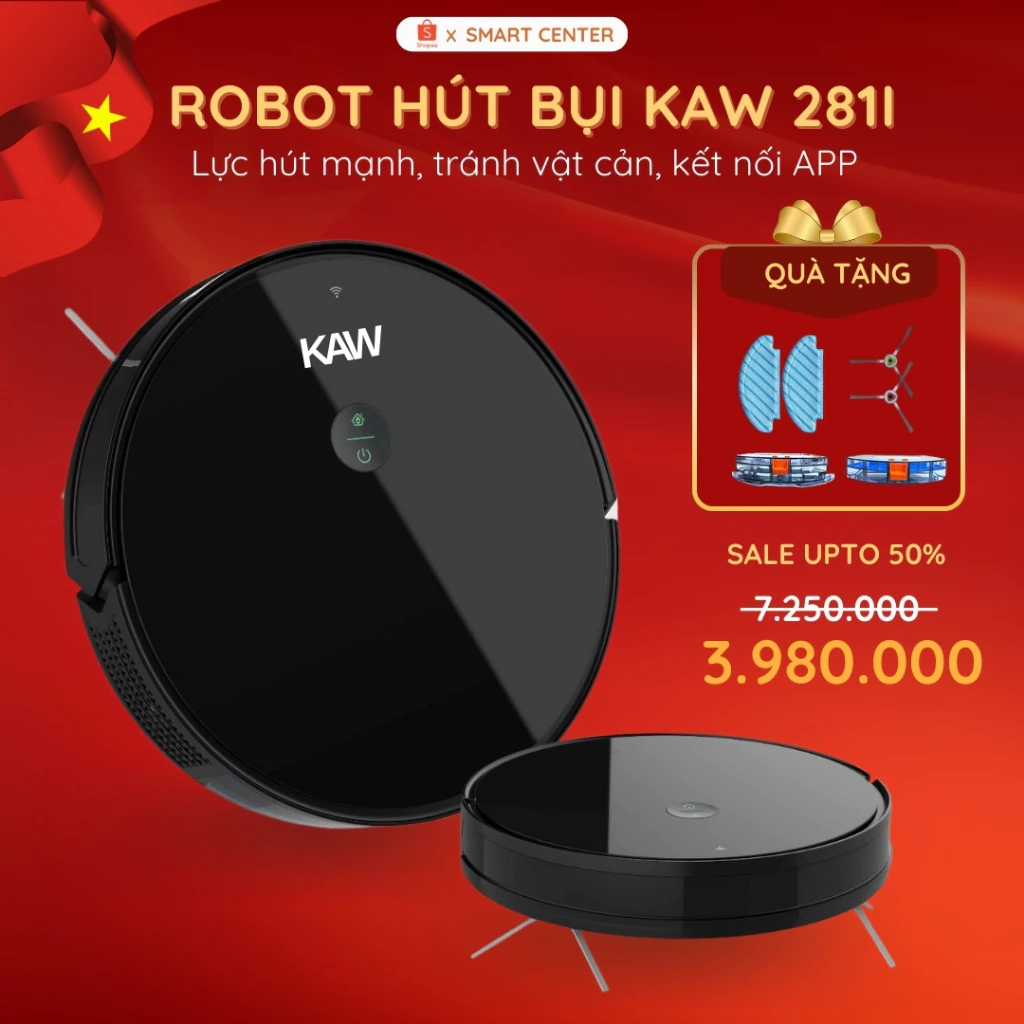 Robot Hút Bụi Lau Nhà Thông Minh KAW - Lực Hút Mạnh, Cảm Biến Chống Rơi, Điều Khiển Qua Điện Thoại