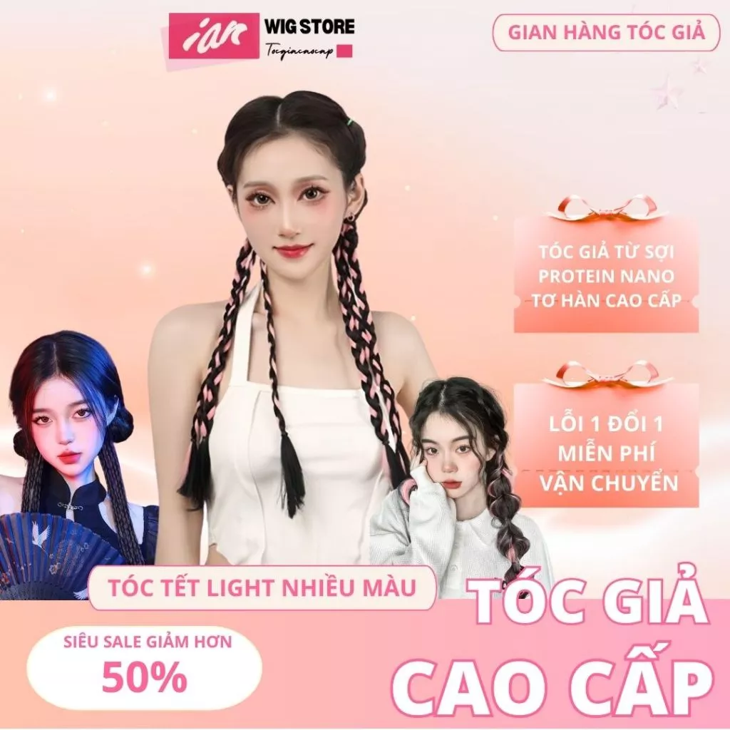 Giá 2 Bên,Tóc Giả Thắt Bím,Tết Tạo Kiểu, Buộc Tóc Giả Tết Light Dễ Thương
