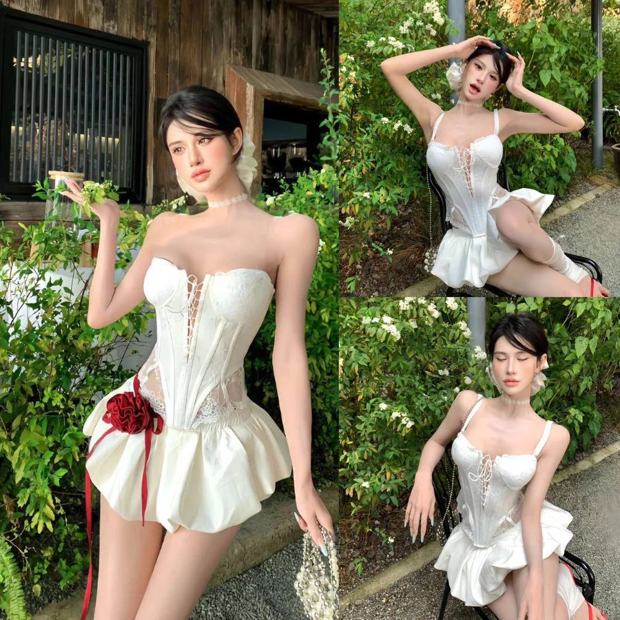 Set Áo Quây Corset Cúp Ngực Trắng Phối Chân Váy Xoè Bí, Set Đồ Nữ Đi Chơi Phong Cách Hiện Đại Sang Chảnh ( CÓ MÚT NGỰC)