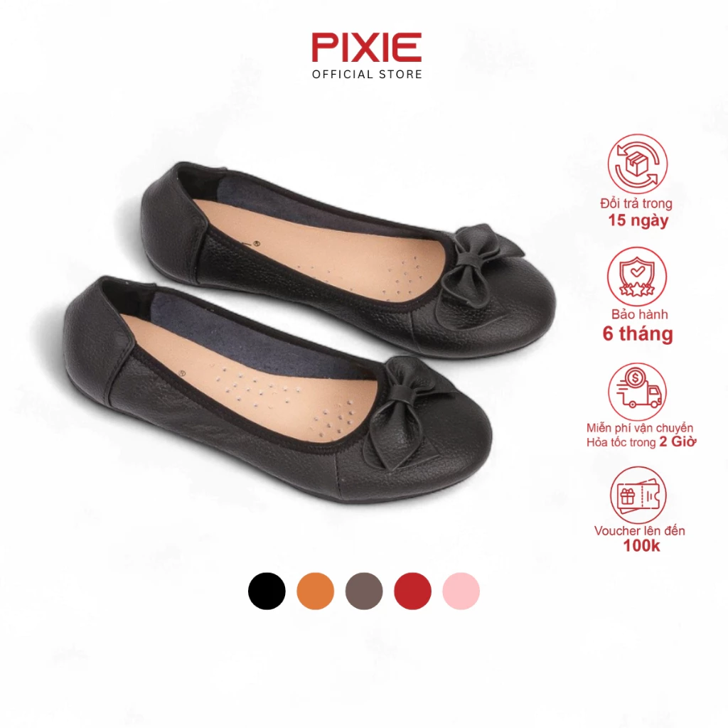 Giày Búp Bê Da Thật Đế Bệt Siêu Êm Gắn Nơ Pixie X424