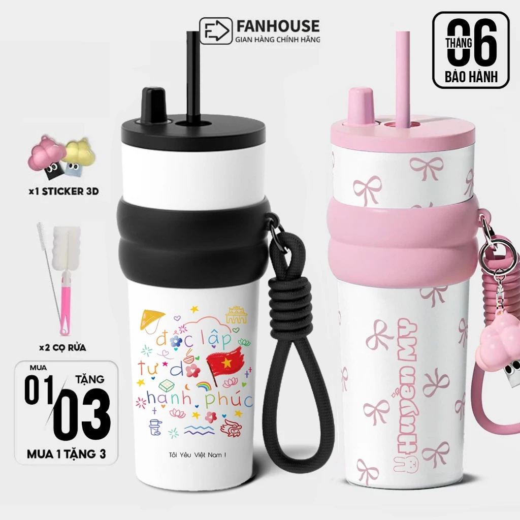 Bình giữ nhiệt khắc tên Fan House bình nước giữ nhiệt 12h inox 316 ống hút tiện lợi 710ml tặng charm 3d, bộ rửa bình