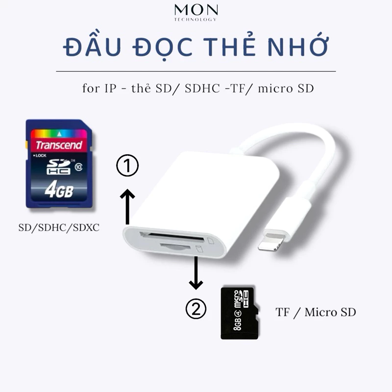 Đầu đọc thẻ nhớ SD, SDHC, Micro SD (TF),  cho điện thoại IPhone/ MÁY TÍNH dây Type C, USB, Lightning