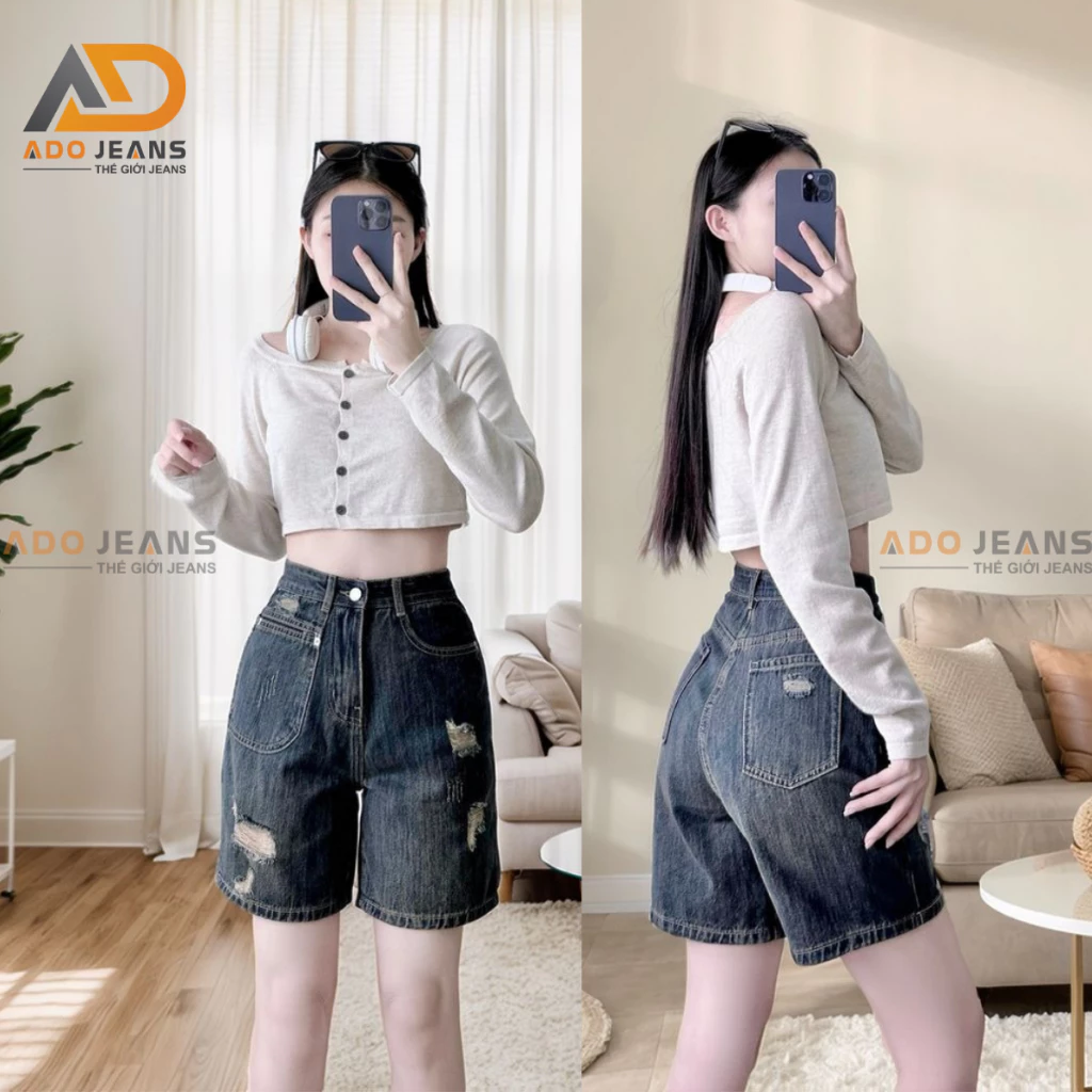 Quần short Jeans lững nữ lưng cao rách nhẹ phối túi nổi cá tính chuẩn form tôn dáng -chất Jeans bò cao cấp (N06)