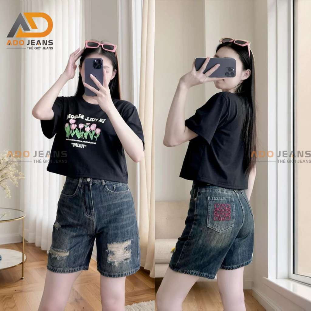 Quần short Jeans nữ cạp cao rách nhẹ,quần bò lững túi thêu chuẩn form tôn dáng-chất Jeans bò dày mịn đẹp