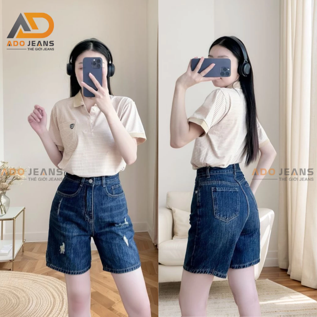 Quần short Jeans lững nữ cạp cao basic chuẩn form tôn dáng -chất Jeans bò dày mịn đẹp có rách nhẹ