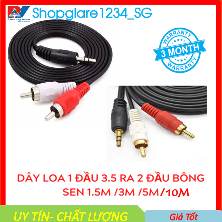 [Mã ELFLASH3 hoàn 10K xu đơn 20K] Dây loa 3.5mm ra 2 đầu bông sen 1.5m 3m 5m 10m. Cáp Audio 2 đầu bông sen