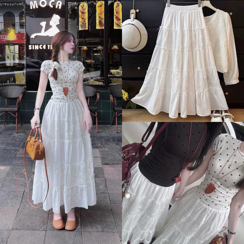 Chân Váy Trắng Xô Dài Vintage Thêu Hoa Trắng Xinh Xắn (Hàng Loại 1) Chân Váy Trắng Dài Xinh Xắn