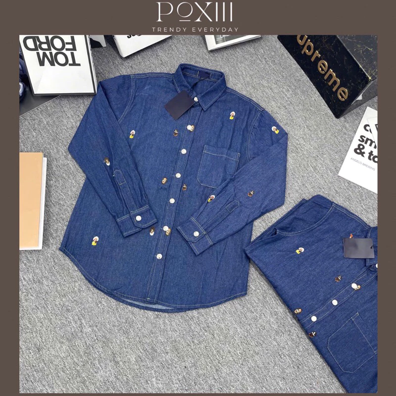 Áo Sơ Mi Jeans Full Thêu Khoá Hãng Form Chuẩn SC - Áo Sơ Mi Bò Nam Nữ Vải Dày Dặn