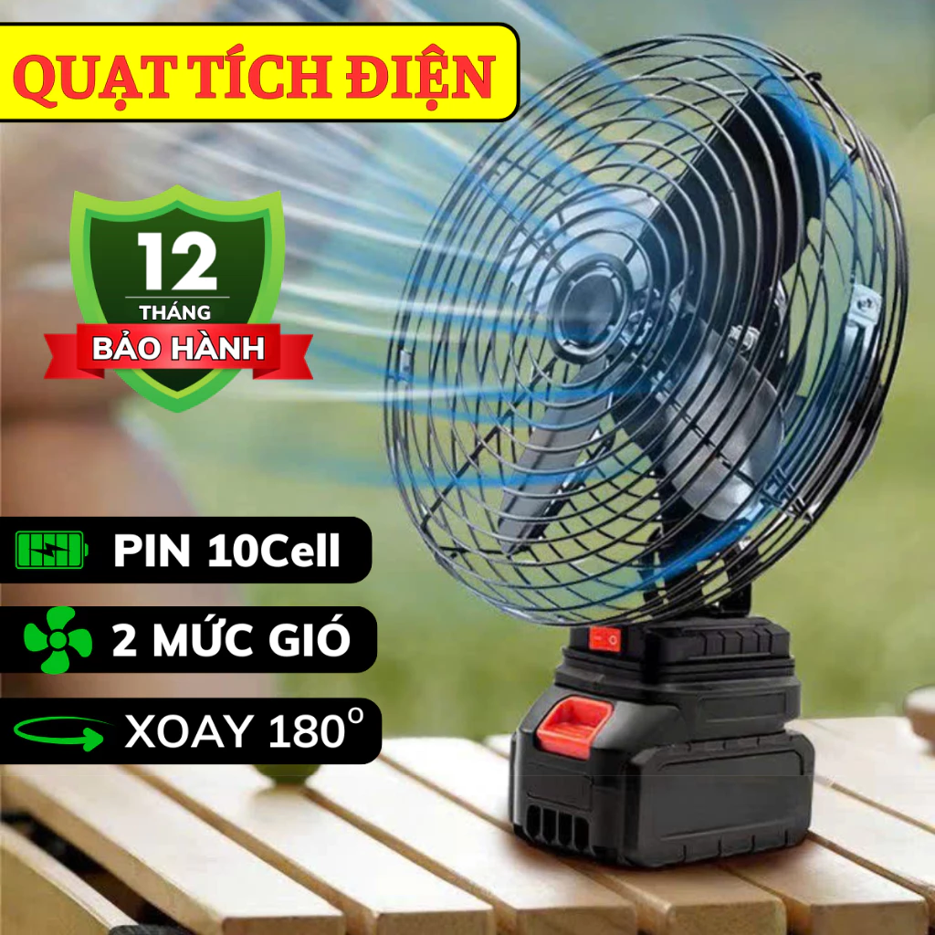 Quạt Tích Điện Đế Pin Quạt Dùng Pin 10 Cell Phổ Thông Kích Thước 8inch, Chất Liệu Thép Sơn Tích Điện Kèm Pin