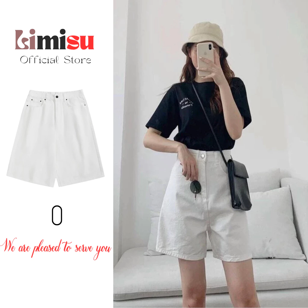 Quần short jean ngố lửng nữ trắng phong cách Ulzzang LIMISU from rộng lưng cao bacsic