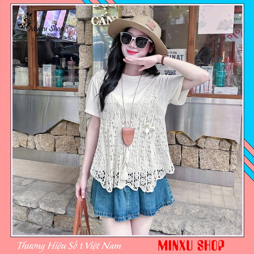 Sét Áo Phông Giấy Kèm Áo Ren Phong Cách Mặc Đi Chơi, Đi Biển Hàng QC Minxu Shop CK68