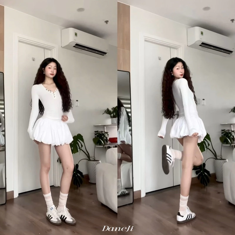 [ 𝐒𝐖𝐀𝐍 𝐆𝐑𝐀𝐂𝐄 𝐅𝐈𝐓 ] Set Áo tay dài đính nút gân lạnh dày dặn - Chân váy bí phồngtôn dáng phù hợp hằng ngày
