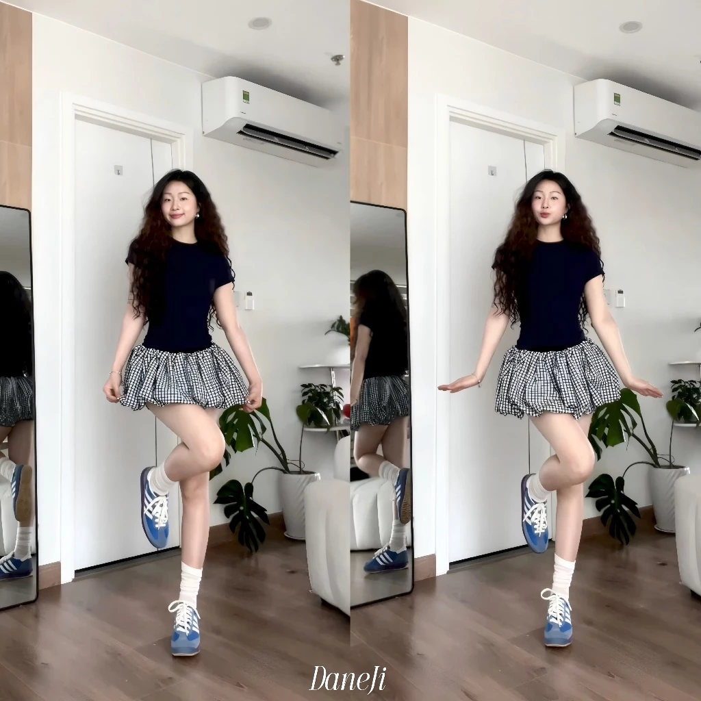 [ 𝐂𝐀𝐑𝐎𝐁𝐄𝐋𝐋𝐄 𝐌𝐎𝐎𝐃 ] Set áo thun babytee XANH THAN SLIMFIT DANEJI - Chân váy bí phồng caro hack dáng