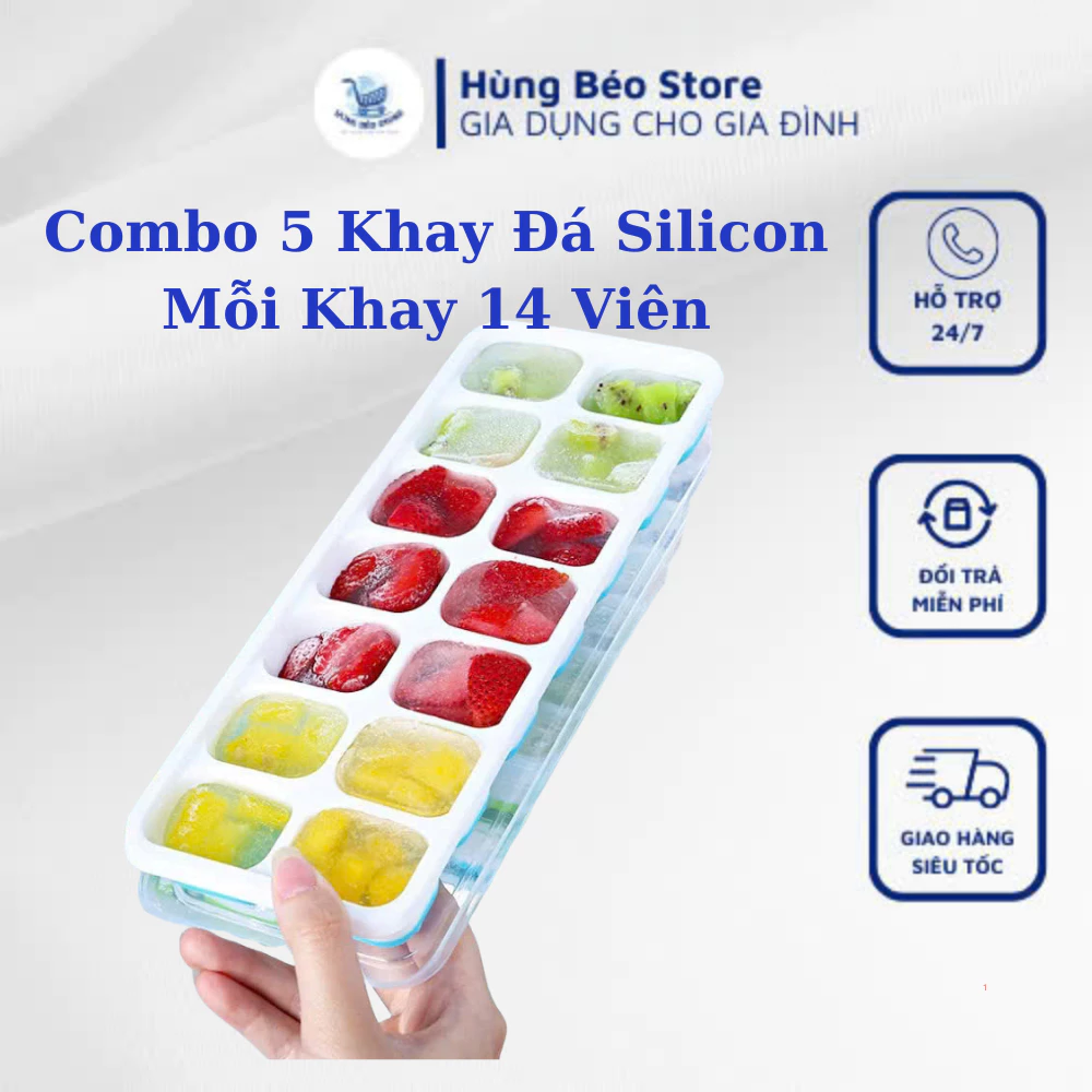 Combo 5 Khay Đá Có Nắp Đậy Silicon mỗi khay 14 viên, đễ dàng lấy đá, an toàn tiện dụng