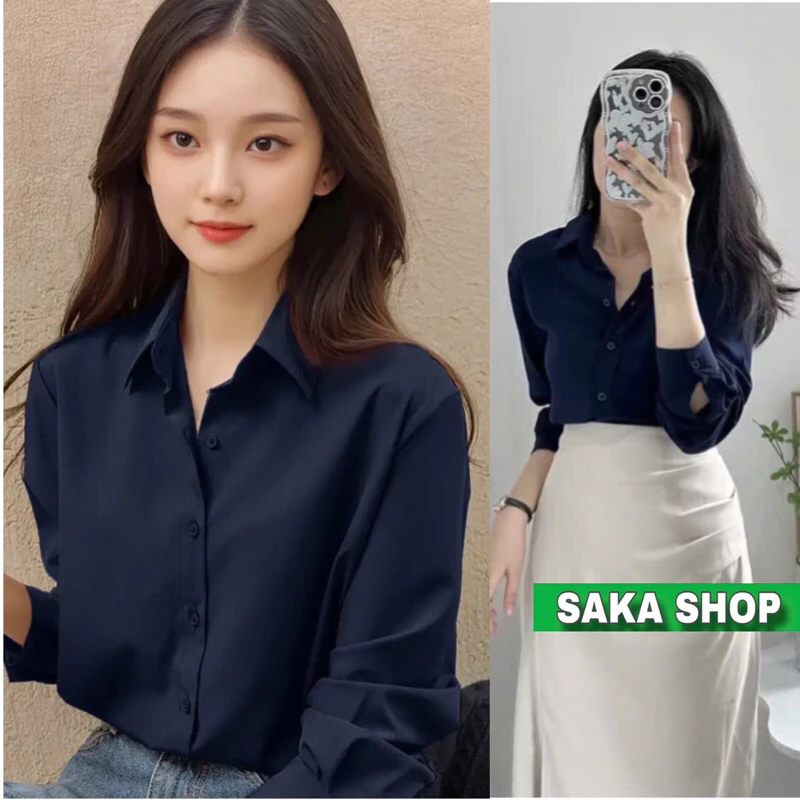 Áo sơ mi from rộng tay dài nữ xanh đen vải cotton lụa