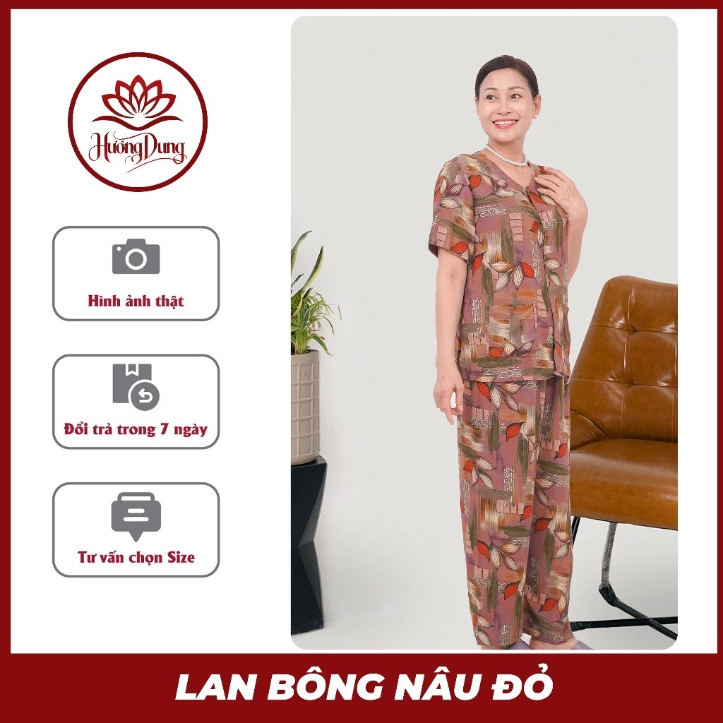 Đồ Bộ Trung Niên Nữ Tôn Bông, Bộ Lanh Mặc Nhà Màu Nâu Chất Tole Cao Cấp ( 50KG -75KG )